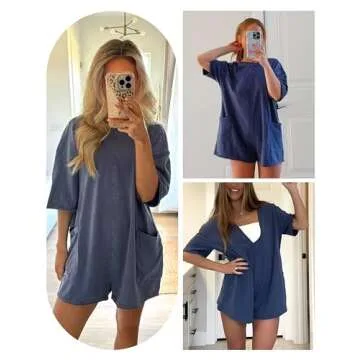Yeokou Rompers for Women Casual Short Sleeve Oversized Athletic Workout Reversible Hot Shot Tee Romper Deep Pockets(BlueGrey-Large)
