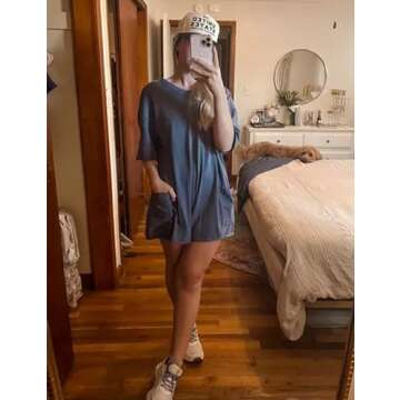 Yeokou Rompers for Women Casual Short Sleeve Oversized Athletic Workout Reversible Hot Shot Tee Romper Deep Pockets(BlueGrey-Large)