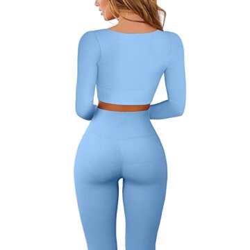 QINSEN Women's Yoga Leggings 2 Piece Outfit Ribbed Seamless Long Sleeve Crop Top Sport Shirt Sets Blue M