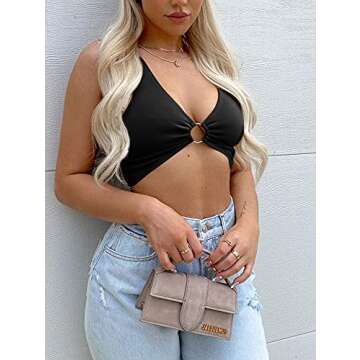 AEVZIV Sexy Crop Tops for Women Sleeveless Deep V Neck Workout Tops Plunge Ring Cleavage Cropped Tank Top Black L