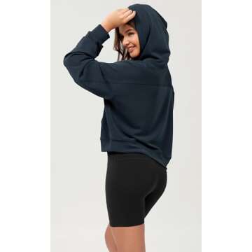 ODODOS Modal Soft Long Sleeve Cropped Hoodie for Women Oversized Pullover Sweatshirts with Pocket, Navy, Medium