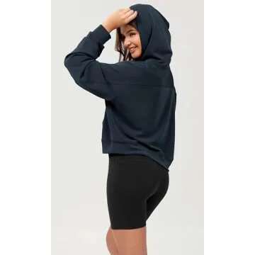 ODODOS Modal Soft Long Sleeve Cropped Hoodie for Women Oversized Pullover Sweatshirts with Pocket, Navy, Medium