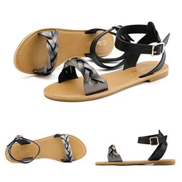 DREAM PAIRS Black Pewter Summer Sandals for Women Casual Open Toes Ankle Straps Buckle Fashion Flat Sandals, Soft Leather One Band Comfortable Slingback Dress Cute Flat Shoes Size 7.5 M US