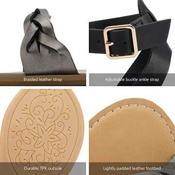 DREAM PAIRS Black Pewter Summer Sandals for Women Casual Open Toes Ankle Straps Buckle Fashion Flat Sandals, Soft Leather One Band Comfortable Slingback Dress Cute Flat Shoes Size 7.5 M US