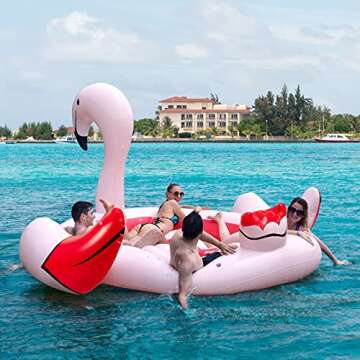 Goplus Giant Flamingo Pool Float, 4-6 People Inflatable Pool Raft w/Air Pump & 6 Cup Holders for Adu...
