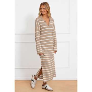 MEROKEETY Women's 2024 Long Sleeve Striped Sweater Dress V Neck Collared Slit Casual Knit Maxi Dresses, Khaki, XL