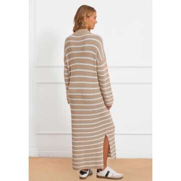 MEROKEETY Women's 2024 Long Sleeve Striped Sweater Dress V Neck Collared Slit Casual Knit Maxi Dresses, Khaki, XL