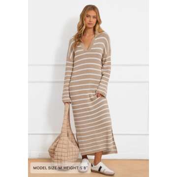 MEROKEETY Women's 2024 Long Sleeve Striped Sweater Dress V Neck Collared Slit Casual Knit Maxi Dresses, Khaki, XL