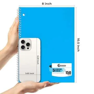 Rosmonde 5 Subject Notebook College Ruled, 6 Value Pack, 300 Pages (150 Sheets), 8 x 10-1/2", 5 Subject College Ruled Spiral Notebooks for School & Office, Thick Paper Fights Ink Bleed, 3 Hole Punched
