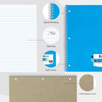 Rosmonde 5 Subject Notebook College Ruled, 6 Value Pack, 300 Pages (150 Sheets), 8 x 10-1/2", 5 Subject College Ruled Spiral Notebooks for School & Office, Thick Paper Fights Ink Bleed, 3 Hole Punched