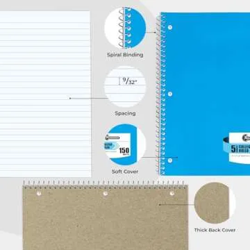 Rosmonde 5 Subject Notebook College Ruled, 6 Value Pack, 300 Pages (150 Sheets), 8 x 10-1/2", 5 Subject College Ruled Spiral Notebooks for School & Office, Thick Paper Fights Ink Bleed, 3 Hole Punched