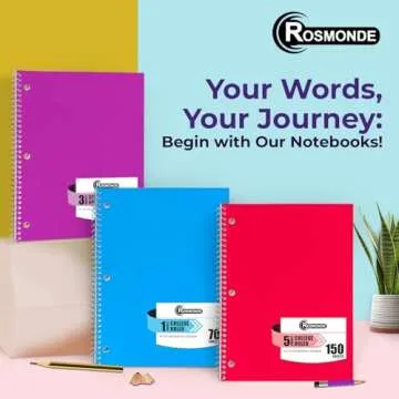 Rosmonde 5 Subject Notebook College Ruled, 6 Value Pack, 300 Pages (150 Sheets), 8 x 10-1/2", 5 Subject College Ruled Spiral Notebooks for School & Office, Thick Paper Fights Ink Bleed, 3 Hole Punched