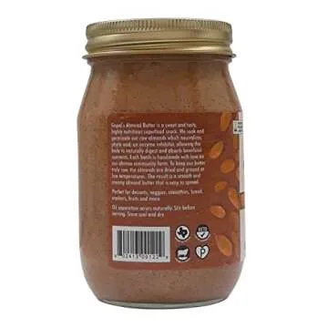Gopal's Organic RAW SPROUTED Almond Butter, USDA Organic and Gluten-Free, Creamy and Unsalted, 16 Ounce (453 Grams) Glass Jar