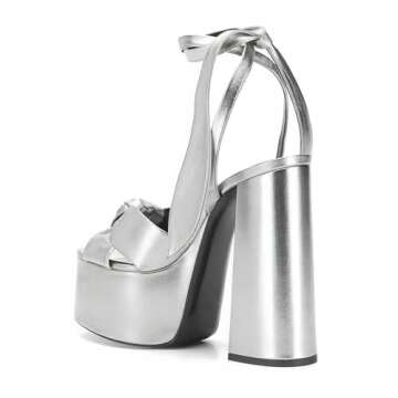 Goolita Metallic Lace Up Chunky Heel Platform Heels For Women Open Toe Slingback Ankle Strap Heeled Sandals Bow Sexy Fashion Evening Party Shoes