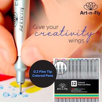 Art-n-Fly Colored Fine Point Pens Set of 12 - Drawing Fineliner Pens with Japanese Archival Ink 0.3mm - No Bleed Multi Color Marker Fine Tip Pens for Bullet Journaling, Coloring, Drawing & Detailing