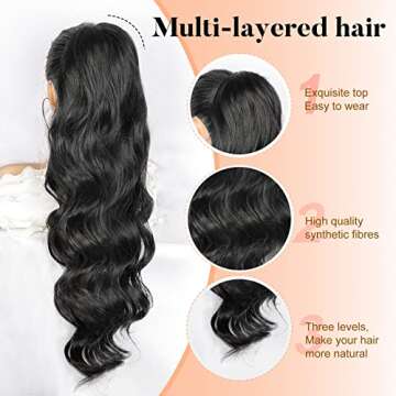Vigorous Ponytail Extension 26 Inch Black Long Wavy Drawstring Ponytail Extension for Women Synthetic Hair Extension Clip in Hairpiece for Daily Use (26Inch Black)