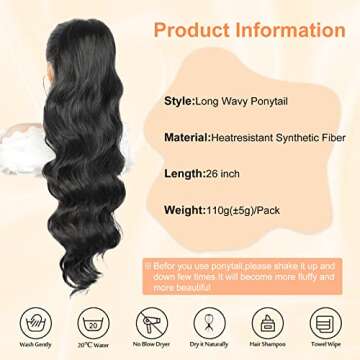 Vigorous Ponytail Extension 26 Inch Black Long Wavy Drawstring Ponytail Extension for Women Synthetic Hair Extension Clip in Hairpiece for Daily Use (26Inch Black)