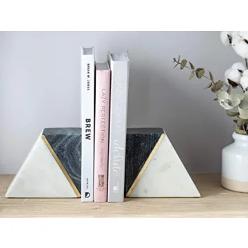 Stylish Marble Book Ends with Brass Inlays for Bookshelves
