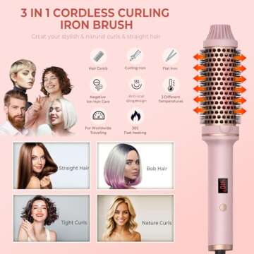 1.5 in Heated Volumizing Brush with LCD Display Showing 10 Temperature Settings up to 410°F, Dual Ceramic Tourmaline Ionic Technology, 110-240V Dual Voltage Travel Curling Tool