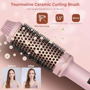 1.5 in Heated Volumizing Brush with LCD Display Showing 10 Temperature Settings up to 410°F, Dual Ceramic Tourmaline Ionic Technology, 110-240V Dual Voltage Travel Curling Tool