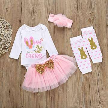 XFGLCK Newborn Baby Girls Easter Outfit Bunny Letter Print Bodysuit+ Tutu Skirt+ Headband +Leg Warmers Clothes Set