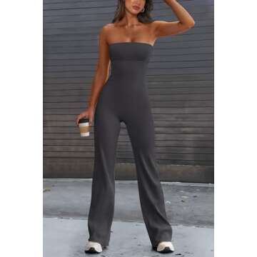 PRETTYGARDEN Women's Flare Jumpsuits Summer One Piece Outfits Strapless Tube Bodycon Yoga Pants Rompers (Grey,Small)