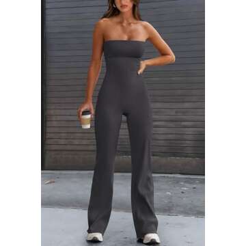 PRETTYGARDEN Women's Flare Jumpsuits Summer One Piece Outfits Strapless Tube Bodycon Yoga Pants Rompers (Grey,Small)