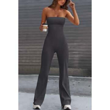 PRETTYGARDEN Women's Flare Jumpsuits Summer One Piece Outfits Strapless Tube Bodycon Yoga Pants Rompers (Grey,Small)
