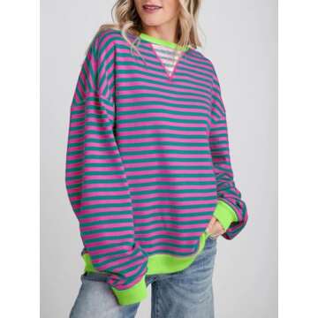 Fisoew Womens Striped Oversized Sweatshirt Color Block Crew Neck Long Sleeve Shirt Casual Loose Pull...
