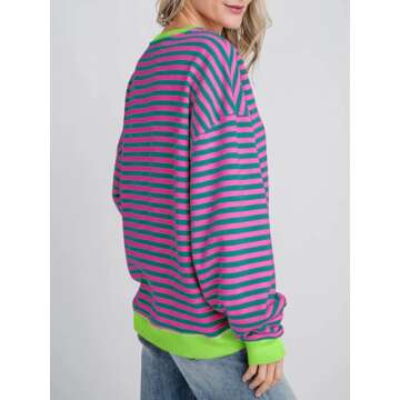 Fisoew Womens Striped Oversized Sweatshirt Color Block Crew Neck Long Sleeve Shirt Casual Loose Pullover Top Y2K Clothes Pink