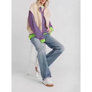 Fisoew Womens Striped Oversized Sweatshirt Color Block Crew Neck Long Sleeve Shirt Casual Loose Pullover Top Y2K Clothes Pink