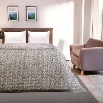 Ridhi Block Print Quilted Taupe Color Throw Reversible Blanket 100% Cotton Quilt, Cover for Couch and Bed, Sage Lap Bedding Coverlet, Luxury Oversized Quilted Throw Twin 60" X 90"