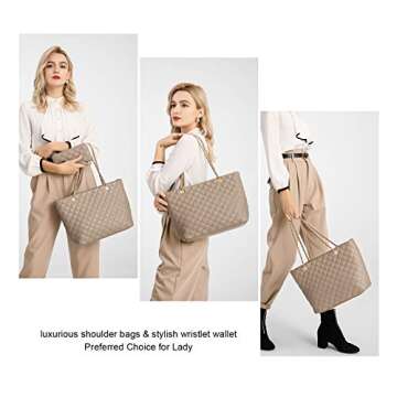 XB Quilted Tote Bag, Leather Tote Shoulder Bag for Women Taupe Handbags and Wrist Strap Long Purse 2pcs Set