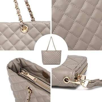 XB Quilted Tote Bag, Leather Tote Shoulder Bag for Women Taupe Handbags and Wrist Strap Long Purse 2pcs Set