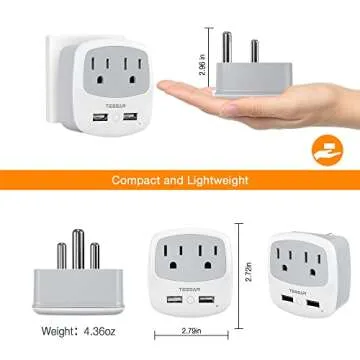 TESSAN South Africa Power Adapter, Type M Travel Adaptor Plug with 2 USB Charger 2 AC Outlets Converter, US to Bhutan, Botswana, India, Israel Namibia Nepal Pakistan