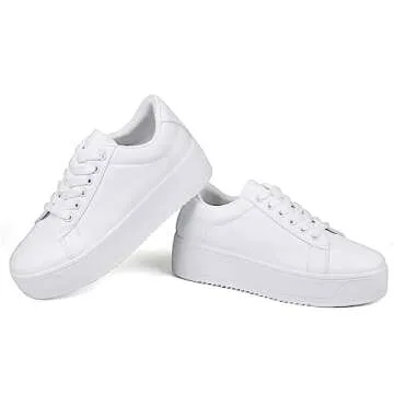 JABASIC Women Fashion Sneakers Low-top Lace-Up Stylish Walking Shoes Comfort Platform Sneakers (7,White)
