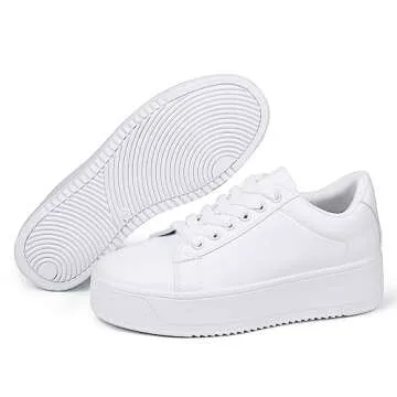 JABASIC Women Fashion Sneakers Low-top Lace-Up Stylish Walking Shoes Comfort Platform Sneakers (7,White)