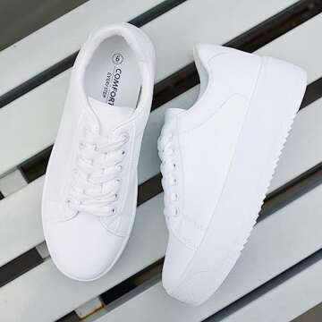 JABASIC Women Fashion Sneakers Low-top Lace-Up Stylish Walking Shoes Comfort Platform Sneakers (7,White)