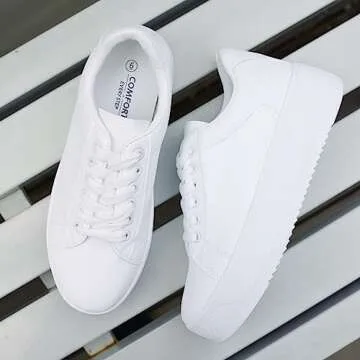 JABASIC Women Fashion Sneakers Low-top Lace-Up Stylish Walking Shoes Comfort Platform Sneakers (7,White)