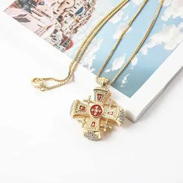 Nazareth Store Crusaders Jerusalem Cross Pendant Necklace Gold Plating 18k Enamel Crystallized Stones 1.3" (Red)
