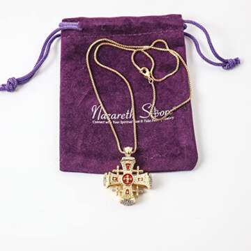 Nazareth Store Crusaders Jerusalem Cross Pendant Necklace Gold Plating 18k Enamel Crystallized Stones 1.3" (Red)
