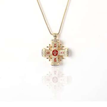 Nazareth Store Crusaders Jerusalem Cross Pendant Necklace Gold Plating 18k Enamel Crystallized Stones 1.3" (Red)
