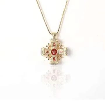 Nazareth Store Crusaders Jerusalem Cross Pendant Necklace Gold Plating 18k Enamel Crystallized Stones 1.3" (Red)