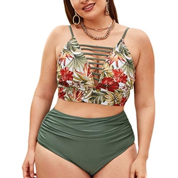Romwe Women's Plus Size Floral Print High Waist Bikini Swimsuit Ruched 2 Piece Bathing Suit Green 2X...