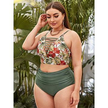 Stylish Plus Size Floral Print High Waist Bikini Swimsuit