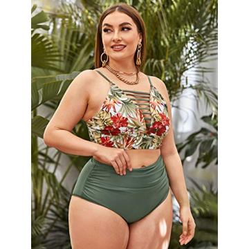 Stylish Plus Size Floral Print High Waist Bikini Swimsuit