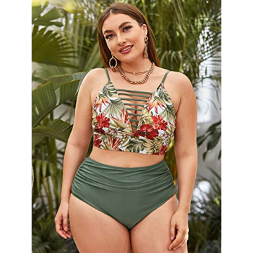 Stylish Plus Size Floral Print High Waist Bikini Swimsuit