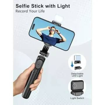 Cell Phone Tripod for iPhone, Extendable Selfie Stick with Wireless Remote, Selfie Stick Tripod with LED Light, Compatible with iPhone 15/14/14 pro/13/12/11/XS Max/XS/XR/X and Android Phone