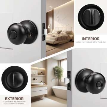 GOBEKOR 3 Pack Privacy Door Knobs Interior Matte Black Keyless Round Interior Door Knobs Stainless Steel for Bedroom Bathroom