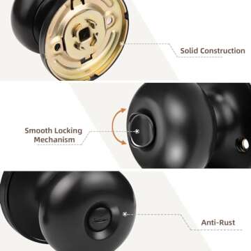 GOBEKOR 3 Pack Privacy Door Knobs Interior Matte Black Keyless Round Interior Door Knobs Stainless Steel for Bedroom Bathroom